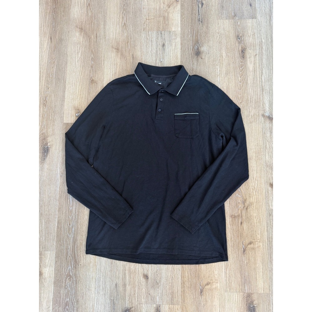American Tall Minimalist Long Sleeve Polo Shirt Mens 2XL Tall Black Old Money